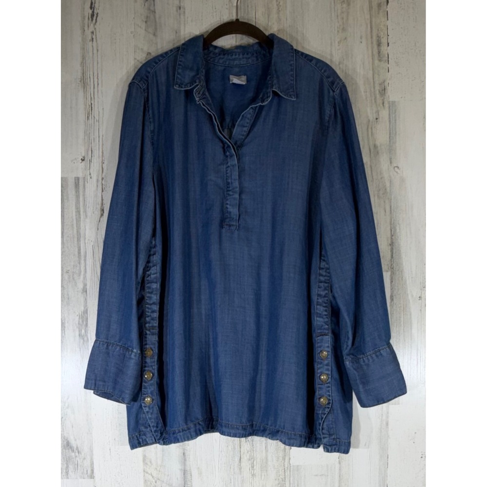 Chicos Popover Tunic Size 4 or US 20/22 Chambray Tencel Side Button Accent